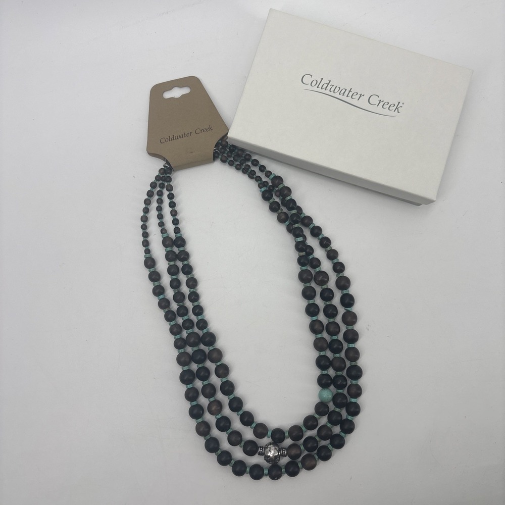 Coldwater Creek Necklace Boho Wood Beaded‎ Multi Strand Brown Turquoise 20"  NEW
